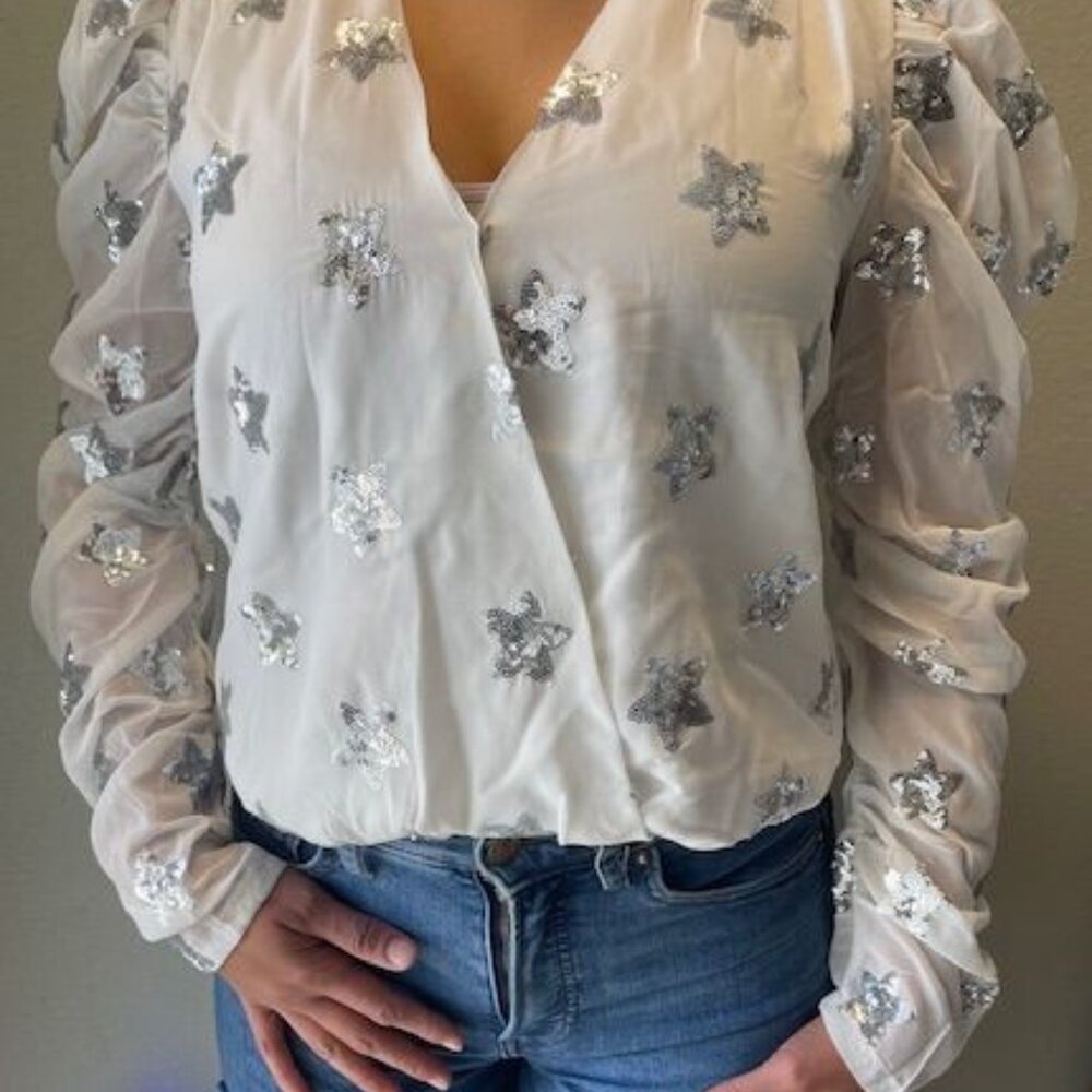 BuddyLove Womens Sequin Star Top White Puffy Long Sleeve Fashion Elegant outfit